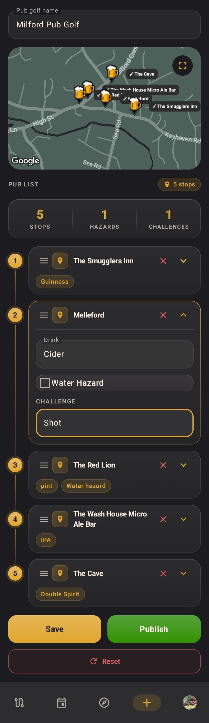 The route builder showing a map with selected pubs and a list of stops with drinks and challenges