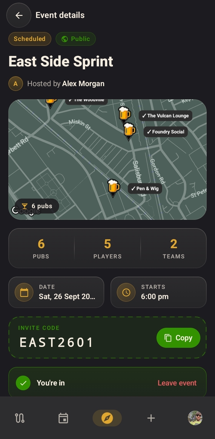 An event page with a route map, date and time, and an invite code