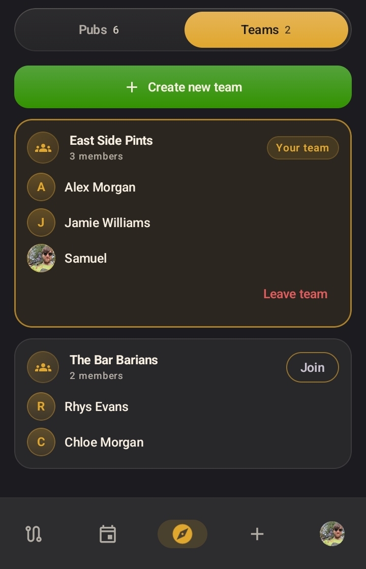 The Teams tab showing players with profile pictures split into teams