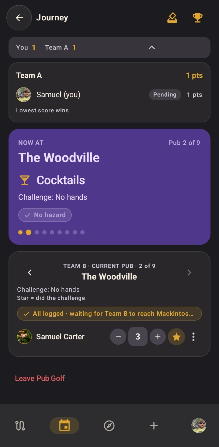The Journey screen showing the current pub, the drink, and rows for logging each player's score