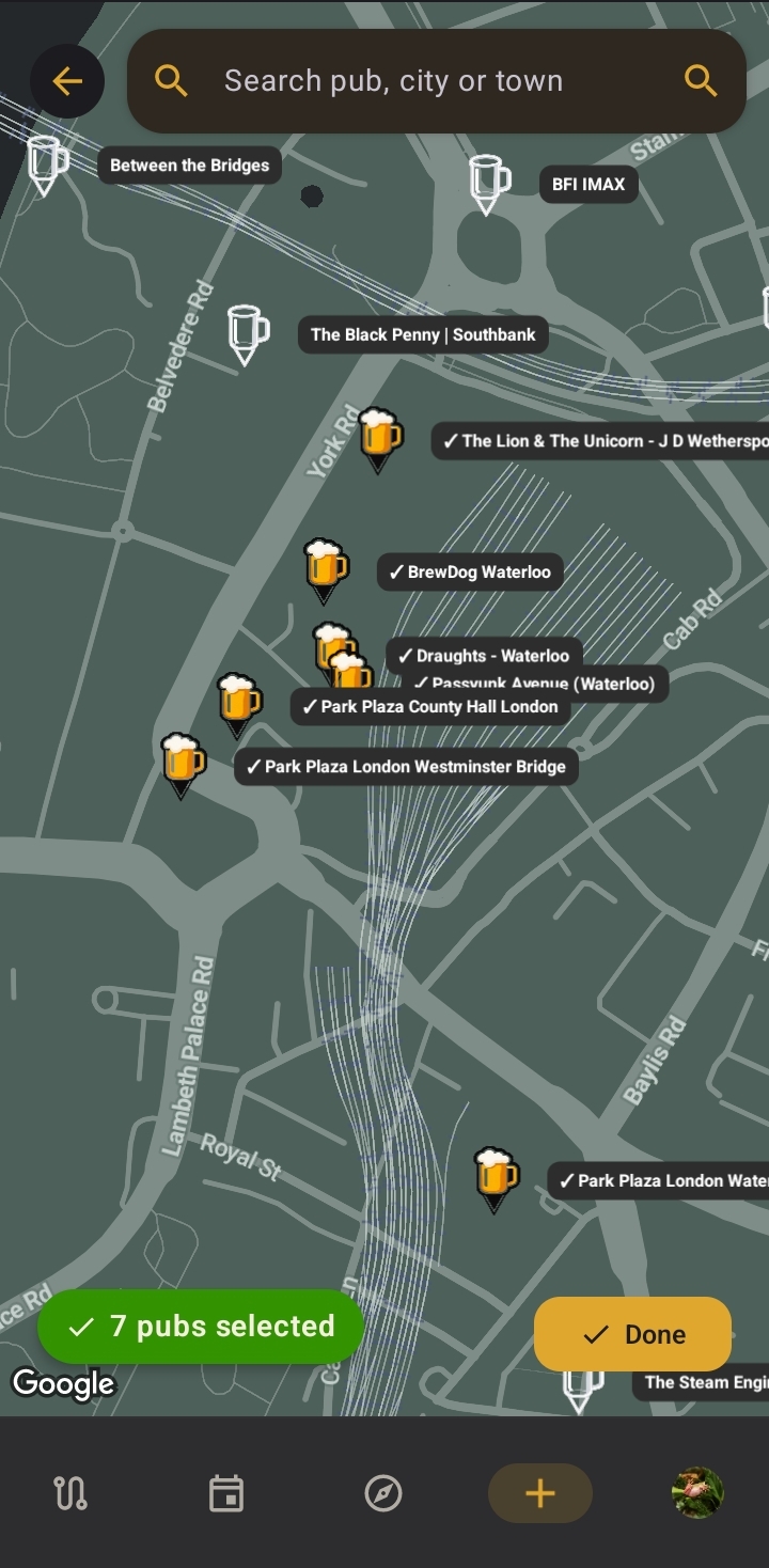 The route building map, showing selected and unselected pubs
